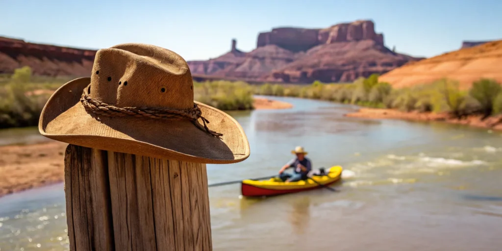 Kayaker on a cowboy and kayak tour paddles past a cowboy hat on a post near red rock cliffs.