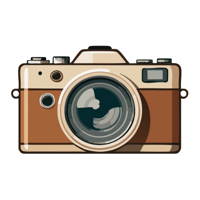 Illustration of a vintage brown camera with lens and buttons.