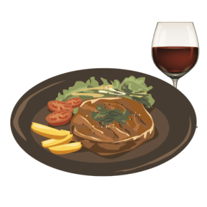 Steak on plate with salad, tomatoes, and fries, wine glass beside.
