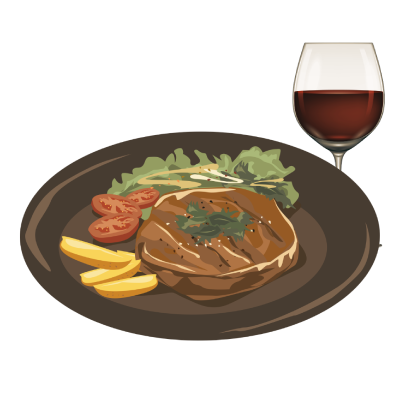 Steak on plate with salad, tomatoes, and fries, wine glass beside.