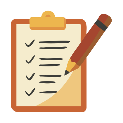 Clipboard with checklist and pencil icon.