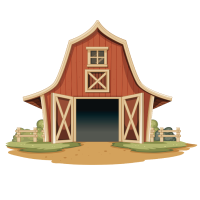 Illustration of a red barn with open doors, a window, and surrounding bushes.