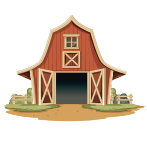 Illustration of a red barn with open doors, a window, and surrounding bushes.
