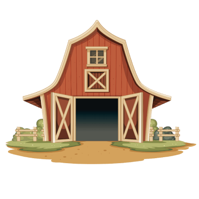Illustration of a red barn with open doors, a window, and surrounding bushes.