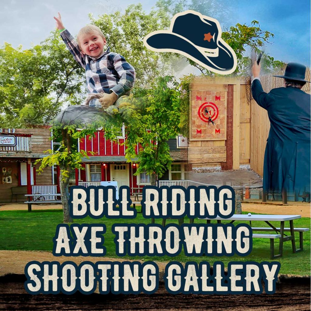 Image of frontier town, bull riding, and axe throwing.
