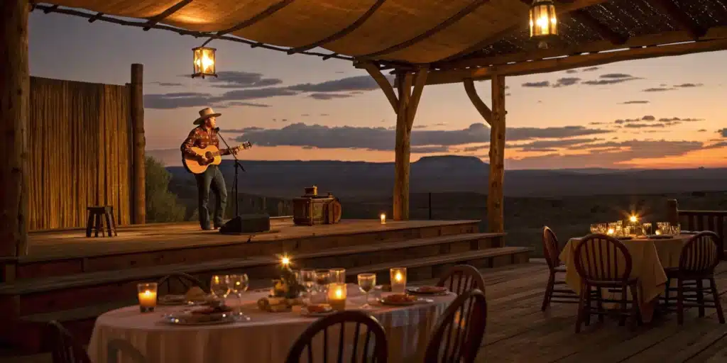 Affordable dinner show with cowboy performing onstage.