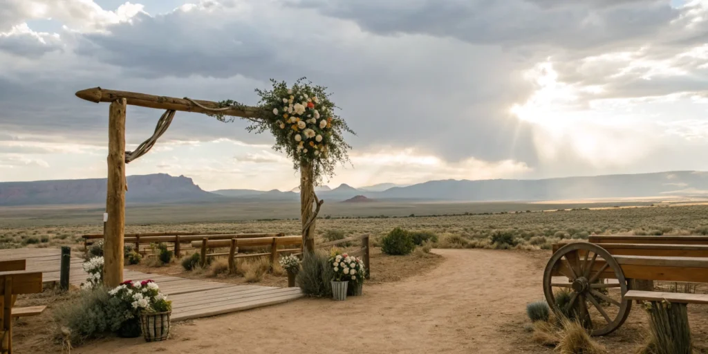 Western wedding venue with desert backdrop.
