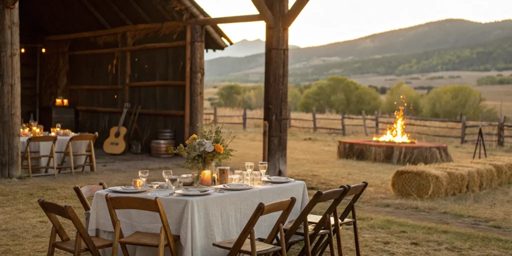 Private party setup with bonfire and mountain view.