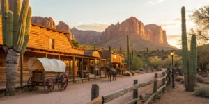 Frontier town at sunset with wooden buildings, wagon, and horse.