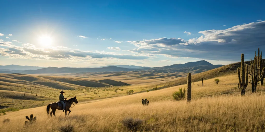 Cowboy on horseback in western landscape. Adventure packages available.