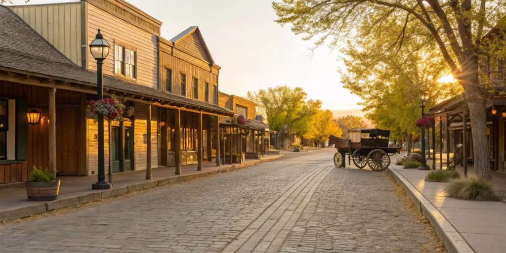 Old Town Cottonwood's Main Street with historic buildings and vintage wagon.