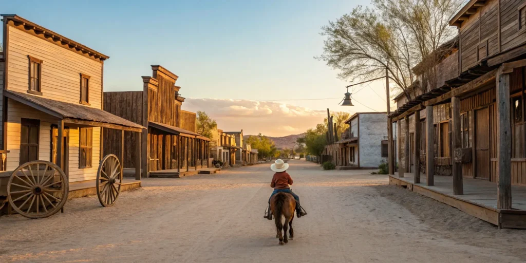 Child enjoys pony ride in frontier town.