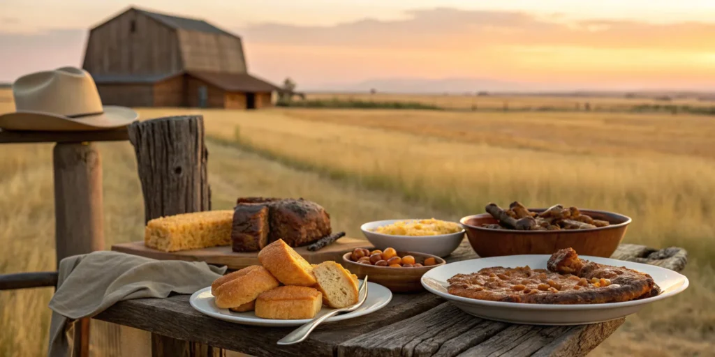 Cowboy dinner feast under a western sunset.
