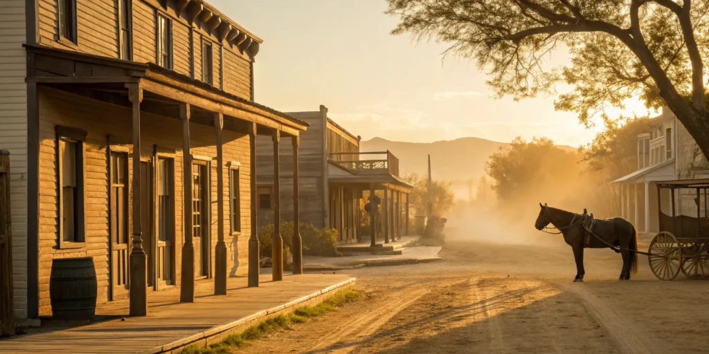 Horse-drawn wagon on a western town street.