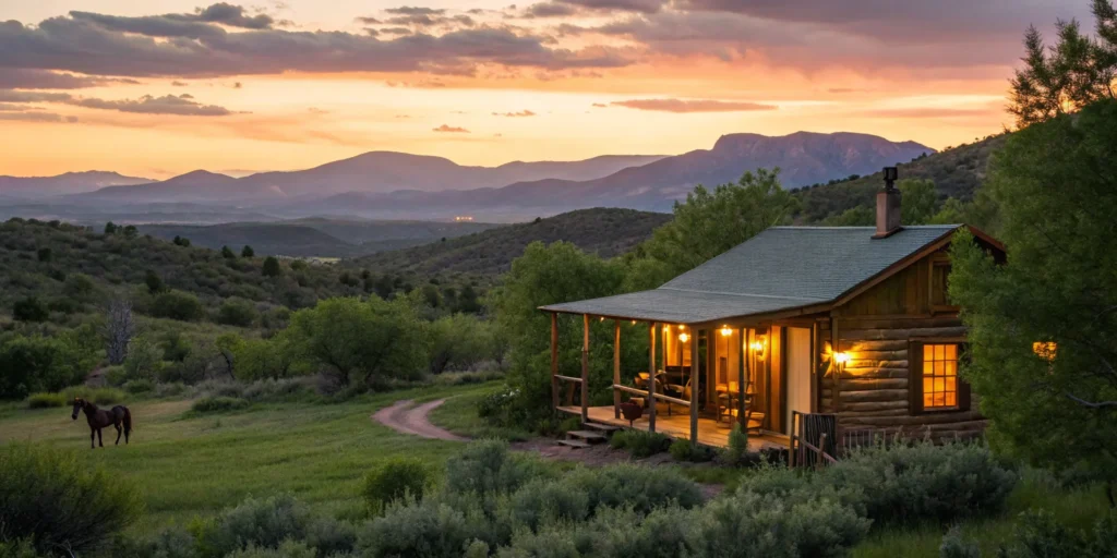 Cottonwood, AZ log cabin lodging with mountain view.