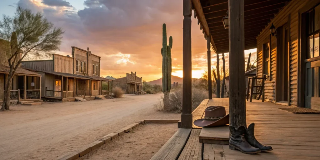 Cowboy hat and boots on porch of old western building in Cottonwood, AZ.
