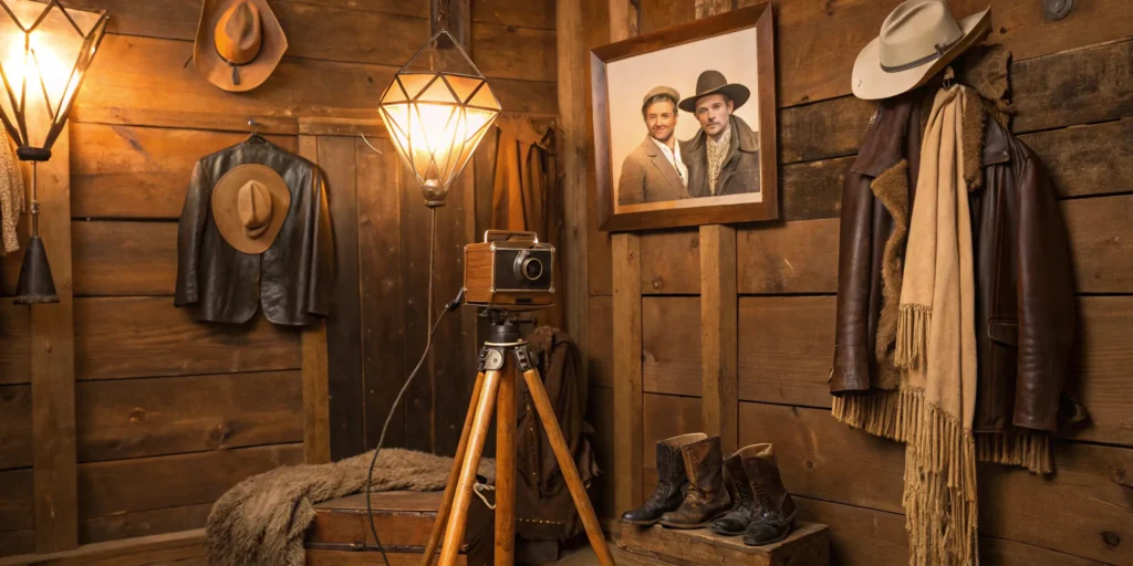 Old time photo studio with vintage props and costumes.