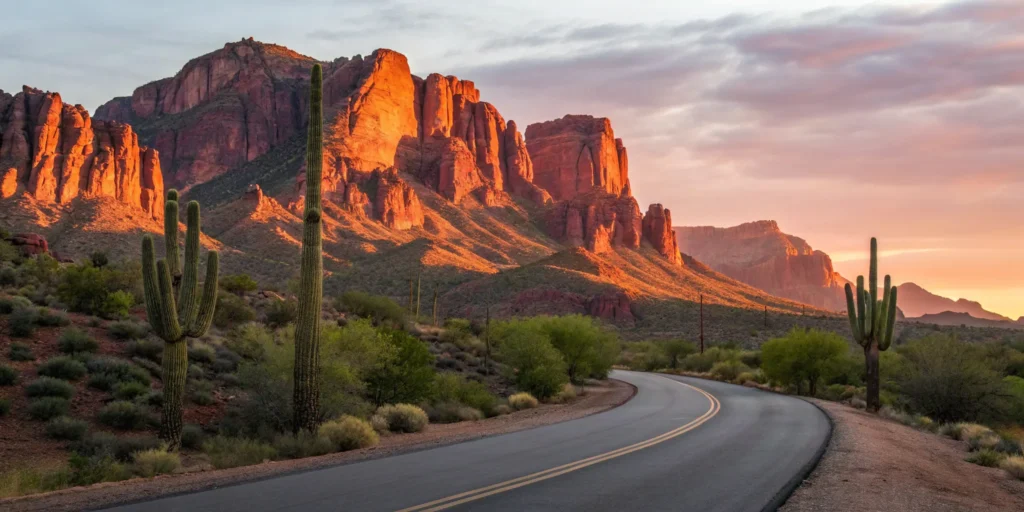 Red rocks and saguaro cacti on a Scottsdale to Sedona road trip.