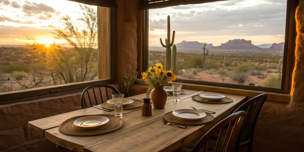 Group dinner table setting at sunset.