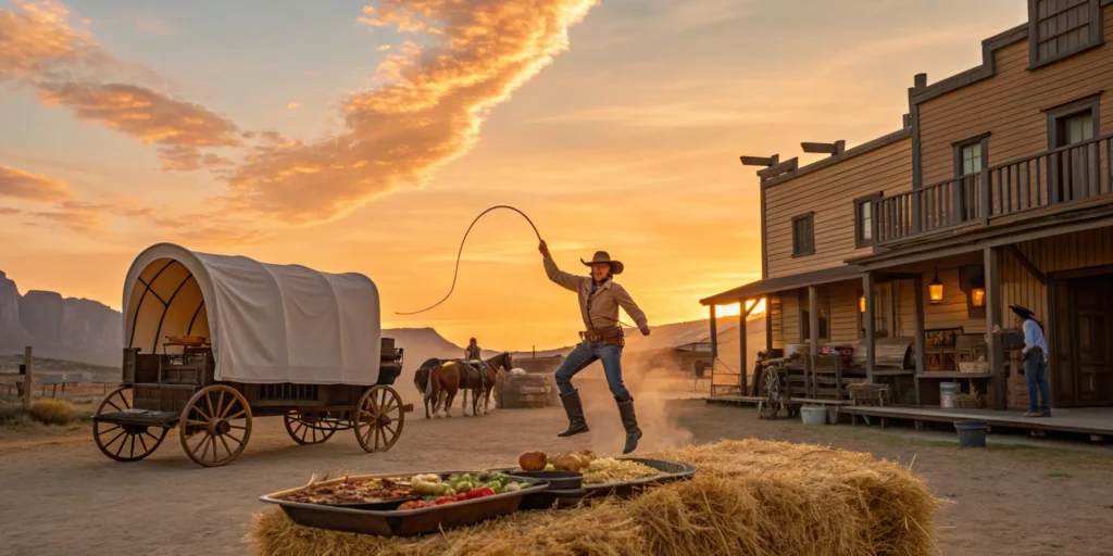 Cowboy cracks whip at sunset western dinner show.
