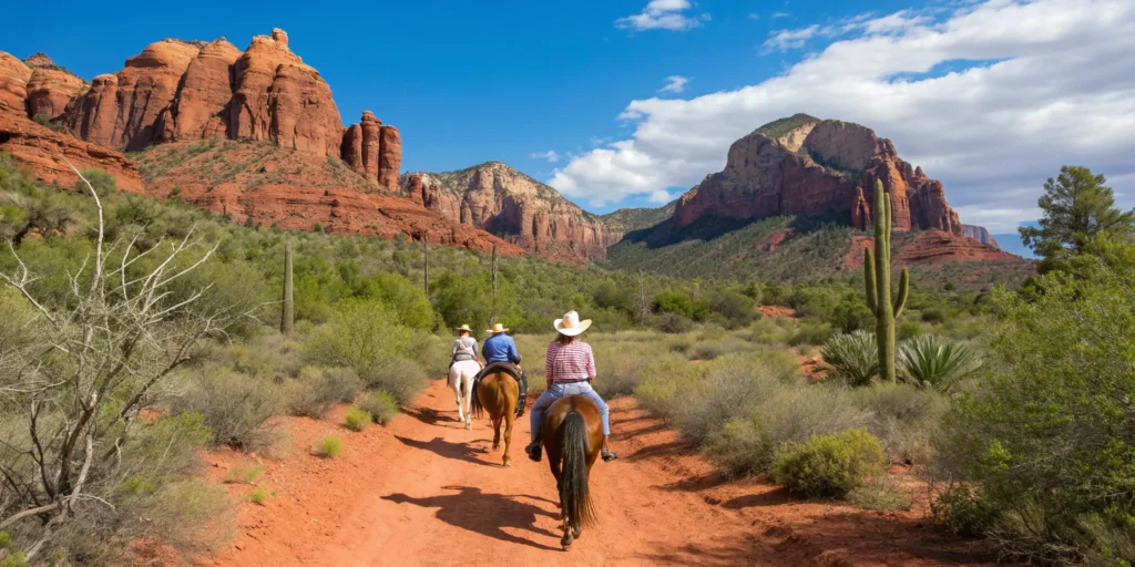 Horseback riding near Cottonwood, AZ, with red rocks and desert plants.