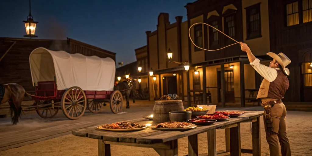 Cowboy cracks whip at a Wild West dinner show.