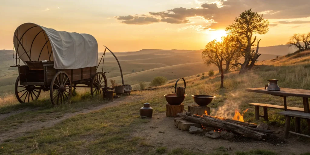 Chuckwagon dinner show with campfire and rustic table at sunset.