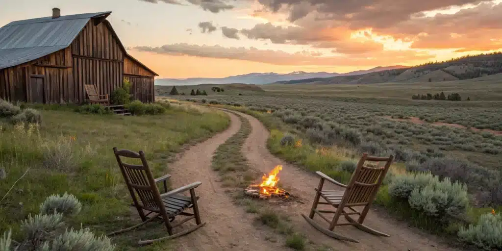 Group gathers around a campfire at sunset.