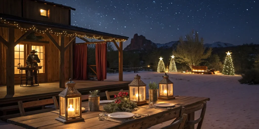 New Year's Eve dinner show at Blazin' M Ranch with festive lights.