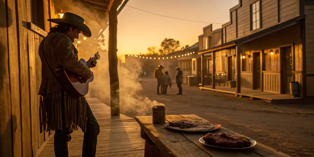Cowboy guitarist plays on a western street at sunset.
