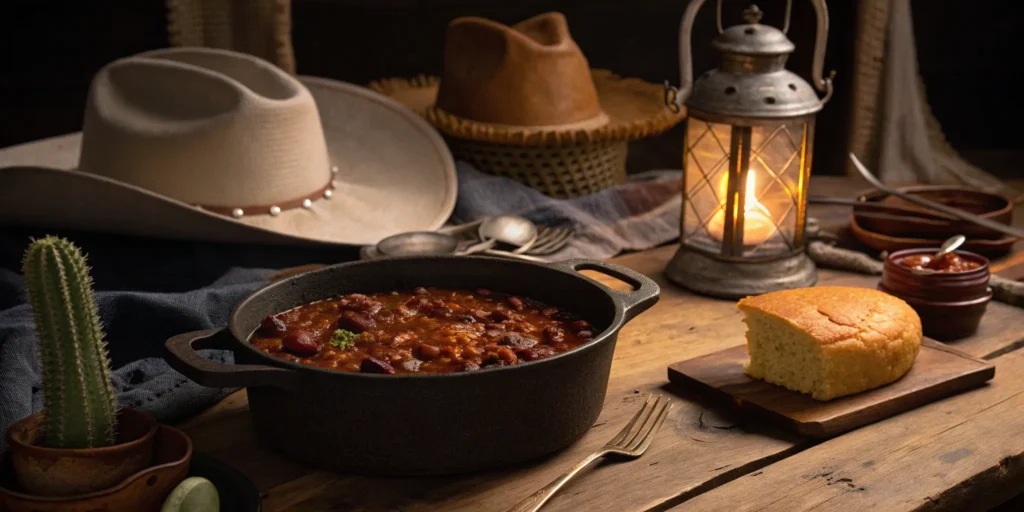 Chili and cornbread on a rustic table with Western decor.