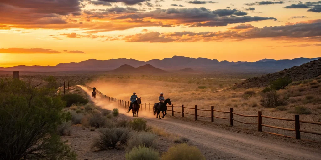A group horseback riding at sunset, a popular activity in Cottonwood, AZ.