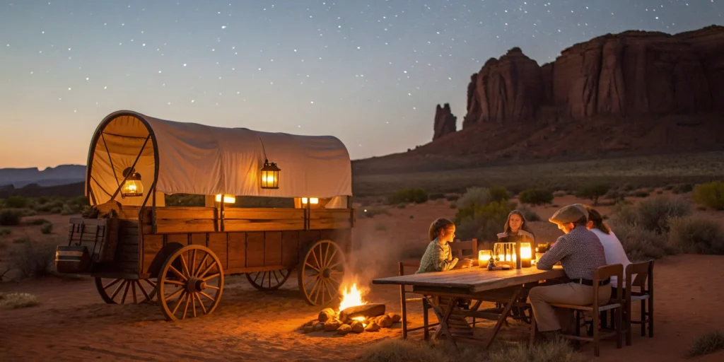A family enjoying the best chuckwagon dinner in Arizona by a campfire and covered wagon.