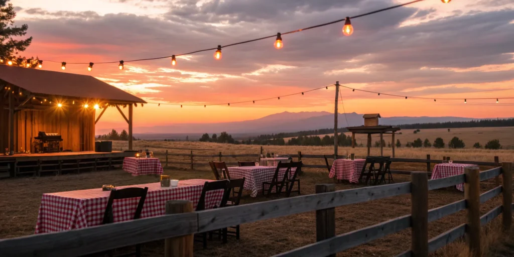 Cottonwood, AZ dinner and entertainment at an outdoor patio with string lights at sunset.