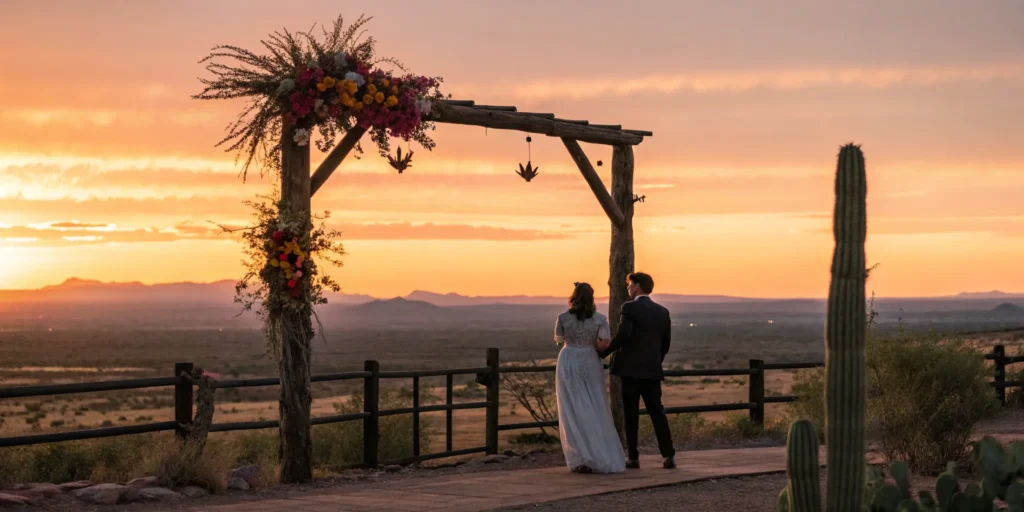 Arizona ranch wedding venue with desert mountain backdrop.