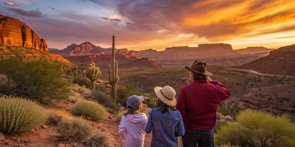 Arizona group enjoying desert sunset activities.