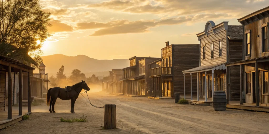 Saddled horse outside wooden buildings in old western town.