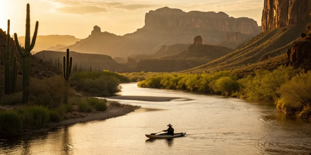 Cowboy on a kayaking tour, paddling the Verde River in Arizona at sunset.