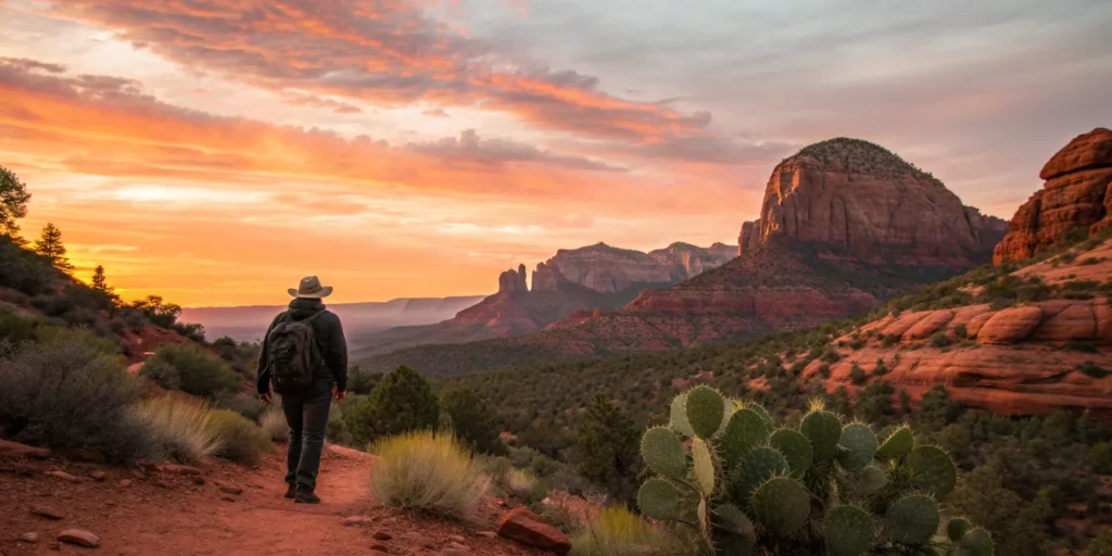 Hiker on a red rock trail enjoying an Arizona outdoor adventure at sunset.