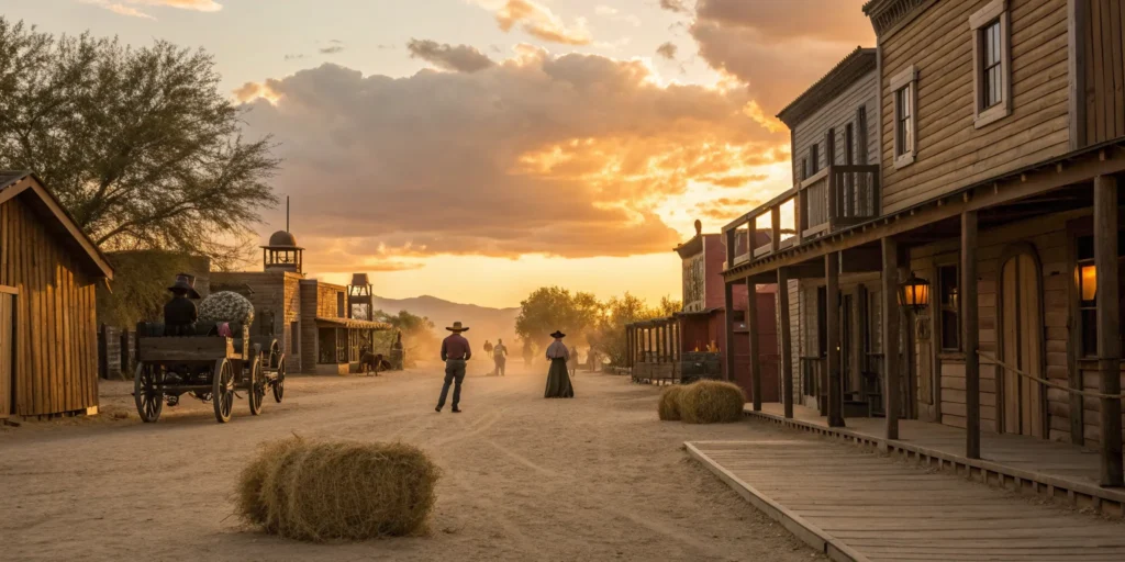 Cowboys in a frontier town at sunset, a scene from the wild west show available with tickets.