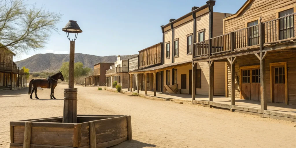 Wild West frontier town with wooden buildings and horse.