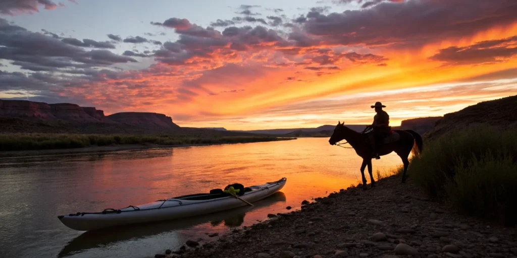 Cowboy on horseback beside a kayak on the Verde River for the Kayaks and Cowboys package.