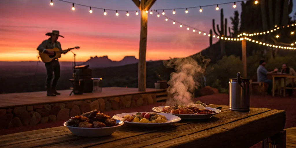 Dinner plates on a rustic table during a dinner and show package with live music at sunset.