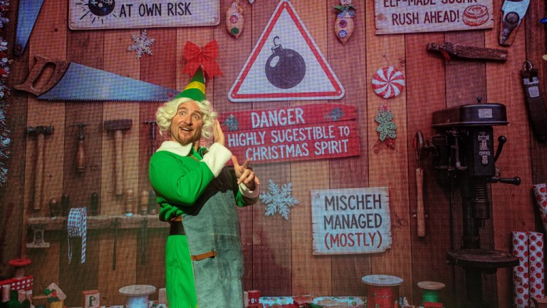 Person dressed as an elf in front of Christmas-themed signs and decorations.